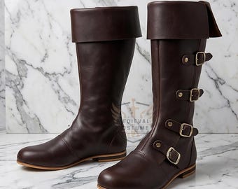 Middeleeuwse renaissancelaarzen heren, leren Viking-piratenschoenen, LARP-cosplay, ren Faire Knight-laarzen