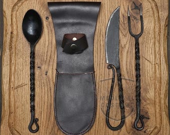 Hand Forged Medieval Cutlery Set, Viking Eating Utensils with Leather Sheath, Renaissance Fair LARP