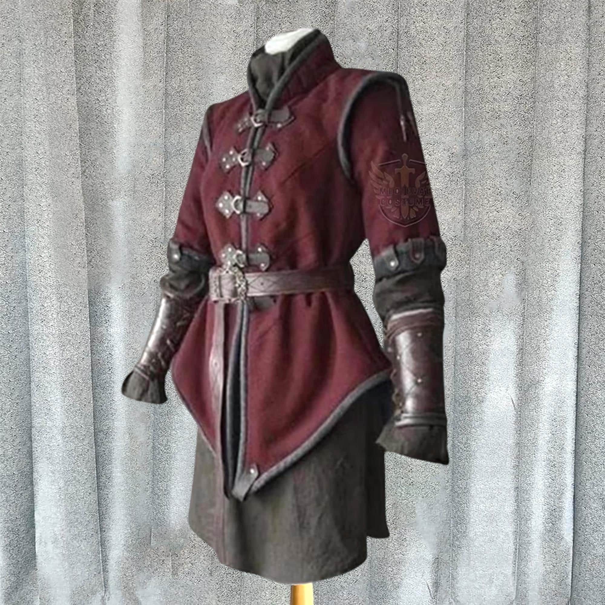 Medieval Padded Gambeson With Brown Leather Trim  MAS-0107 Padded Cotton Viking Costume, Labor Day Sale