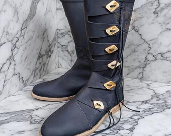 Viking Leather Long Boots: Medieval Renaissance Men's Boots - MA-36 LARP Cosplay Footwear
