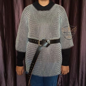 Front view of a lightweight Aluminum Butted Chainmail Hauberk with half sleeves for Medieval LARP and Cosplay.