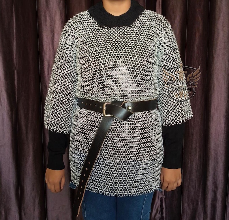 Front view of a lightweight Aluminum Butted Chainmail Hauberk with half sleeves for Medieval LARP and Cosplay.