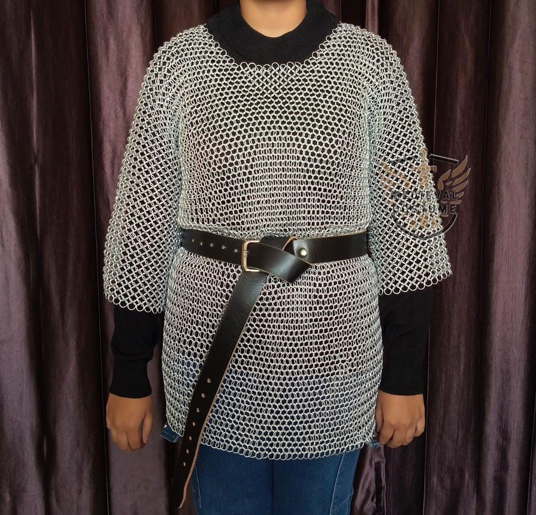 Middeleeuwse Ridder Aluminium Chainmail Shirt Butted Chain Mail Armor Haubergeon Aluminium Chain-Mail Kostuum Jurk, Zilver, Medium