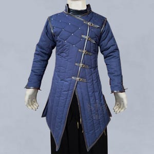 Front view of long-sleeve quilted cotton gambeson jacket for LARP and Renaissance fair