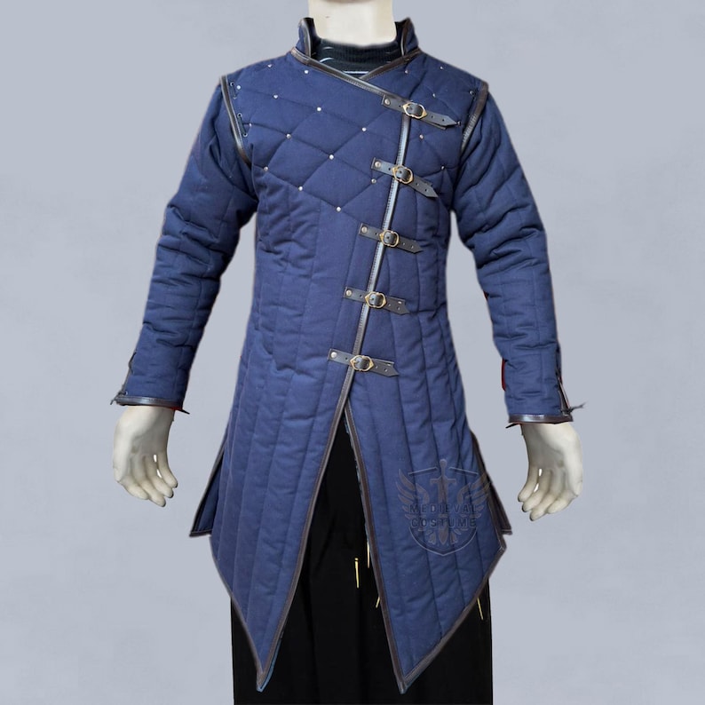 Front view of long-sleeve quilted cotton gambeson jacket for LARP and Renaissance fair