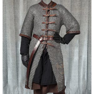 9mm Chainmail Hauberk front open Flat Ring Dome Riveted MAS-0100 half Sleeve Medieval Viking Chainmail Shirt, Father&#39;s day Gifts