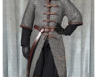 9mm Chainmail Hauberk Mild Steel: Medieval Viking front open Shirt, Half Sleeve for Halloween