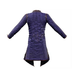 Purple quilted gambeson coat with high collar and detailed stitching close-up