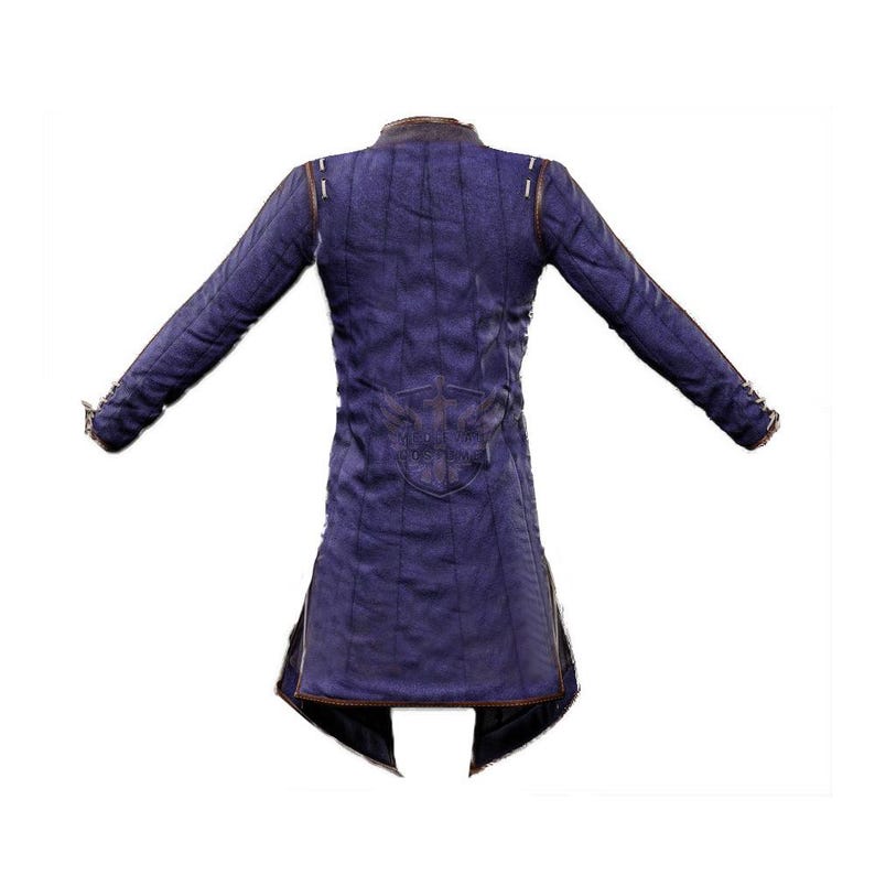 Purple quilted gambeson coat with high collar and detailed stitching close-up