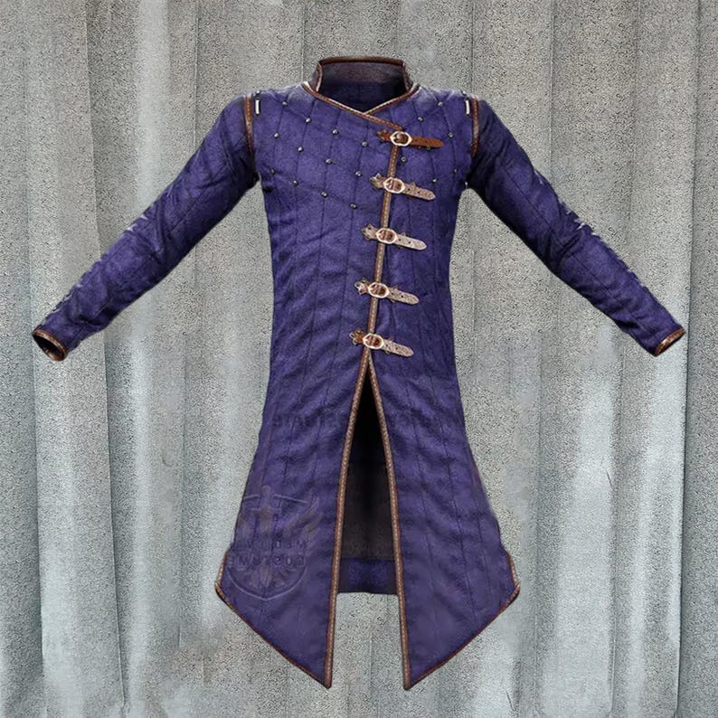 Blue handmade cotton padded gambeson jacket with leather straps for medieval reenactment costume