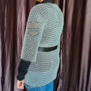 Full back view of a 10mm round ring aluminum chainmail shirt for theater and movie props.