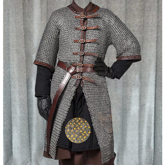 Medieval Chainmail Hauberk Shirt, 8mm Flat Riveted Mild Steel Armor, Front Open MA-14 Easter