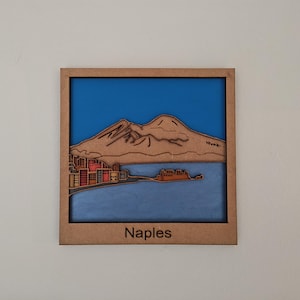 Panorama 3D di Napoli.  Skyline dipinta a mano su MDF