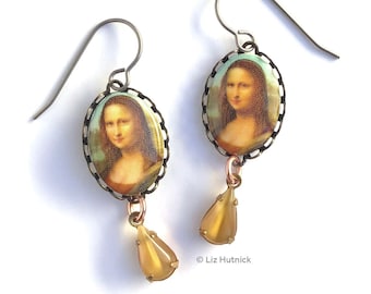 Mona Lisa Earrings, Printed Cabochons with Vintage Drops, Titanium Wires