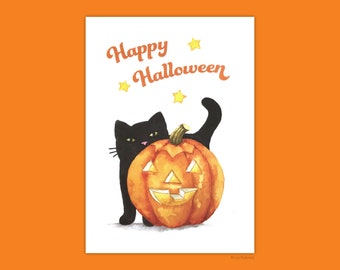 Happy Halloween Card, Black Cat and Pumpkin