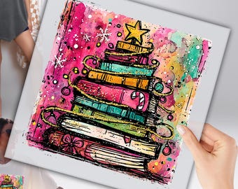 May include: A colorful watercolor illustration of a Christmas tree made of stacked books. The books are various colors, including pink, teal, and orange, and are decorated with gold garland, ornaments, and a star on top. Snowflakes and a candy cane are also included.