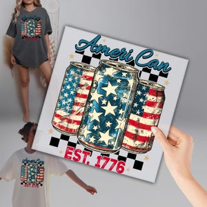 May include: A graphic design featuring three beverage cans with a patriotic American flag theme. The cans are decorated with red, white, and blue stars and stripes. The words "Ameri Can" and "EST. 1776" are also included in the design. The image is displayed on a white background.