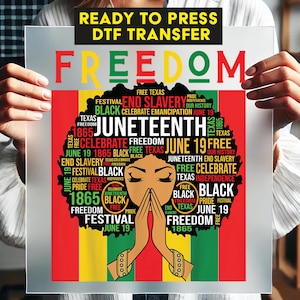 May include: A ready-to-press DTF transfer design featuring a black woman's face with a large afro hairstyle. The afro is made up of the words "Juneteenth" and "Freedom" in red, black, and green. The words are repeated multiple times and arranged in a circular pattern. The woman's face is closed with her hands in a praying position. The background is a red, yellow, and green striped pattern.
