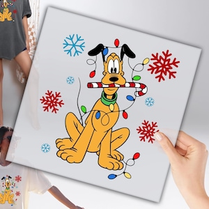 May include: A cartoon illustration of Pluto, a yellow dog, holding a candy cane in his mouth, surrounded by Christmas lights and snowflakes. The image is on a white background.