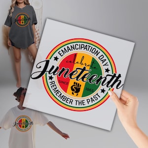 May include: A round sticker with a red, yellow, green, and black color scheme. The sticker says "Emancipation Day Celebrate Juneteenth Since 1865 Remember The Past" with a raised fist in the center.