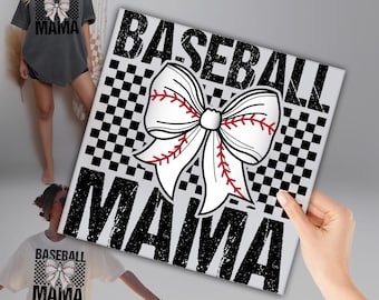 May include: A gray t-shirt and a white t-shirt with the text "Baseball Mama". The shirts feature a baseball-themed bow design with red stitching on a checkered background. The design is in black and white.