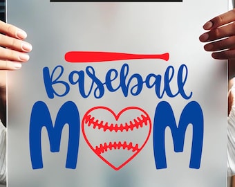 May include: A DTF transfer featuring the words "Baseball Mom" in blue script and block letters. A red baseball bat is above the word "Baseball". A red heart-shaped baseball is in the center. The text "DTF TRANSFER" is in yellow letters on a black background.