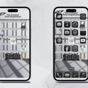 May include: A black and white phone screen with a gray background and a bookshelf design. The phone screen has a variety of apps, including a clock, a camera, a music player, and a social media app. The text "The Tortured Poets Department" is at the top of the screen.