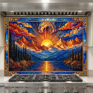 May include: A rectangular kitchen backsplash panel featuring a vibrant stained-glass style landscape illustration of a sunrise over jagged mountains, a calm lake, and pine trees, framed by a decorative gold border with blue and orange accents.