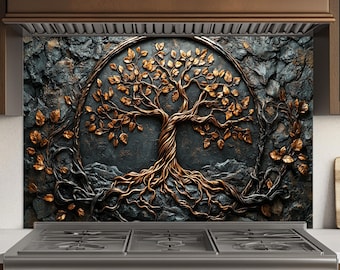 Salpicadero de vidrio con diseño de árbol de la vida, de vidrio templado para cocina, para detrás de la estufa, rústico, para estufa.