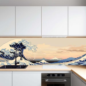 Protector contra salpicaduras de vidrio templado para cocina, diseño de olas japonesas, panel de vidrio con temática oceánica costera, resistente al calor para estufa.