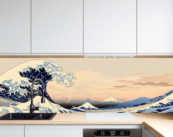 Tempered Glass Backsplash for Kitchen, Japanese Wave Art Design Backsplash, Coastal Ocean Theme Glass Panel, Heat Resistant Stove Splashback