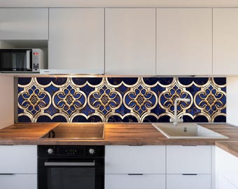 Tempered Glass Backsplash for Kitchen, Blue Gold Ornamental Design Backsplash, Luxury Tile Look Glass Panel, Heat Resistant Stove Splashback