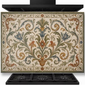 May include: A rectangular kitchen backsplash panel featuring a cream-colored background with an intricate, symmetrical floral and acanthus leaf pattern in shades of sage green, muted orange, and dusty blue, positioned above a black gas stovetop.