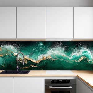 Gehard glazen achterwand keuken, smaragdgroene golf abstracte glazen achterwand, hittebestendige glazen achterwand achter fornuis, achterwand keuken