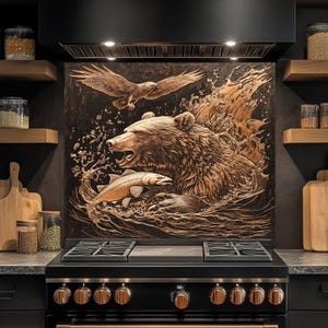 Bear Tempered Glass Backsplash, Glass Backsplash, Kitchen Backsplash Behind Stove, Glass Backsplash for Kitchen, Rustic Stove Backsplash