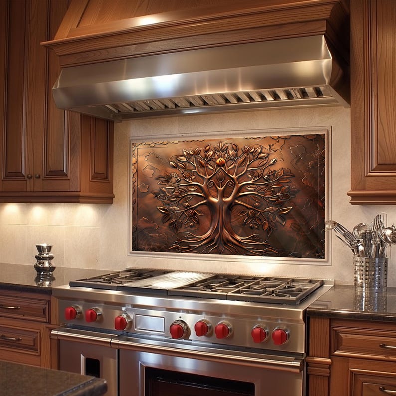 copper look tree of life glass backsplash, glass backsplash,tree of life backsplash