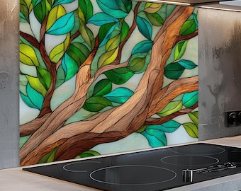 Tempered Glass Kitchen Backsplash: Stained Glass Style Tree Branches