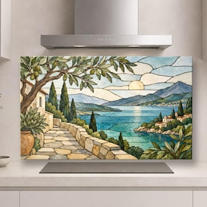 May include: A rectangular kitchen splashback panel featuring a stained glass style landscape illustration of a Mediterranean coastal scene with an olive tree, a stone path, blue water, distant mountains, and a small village under a pale sun.