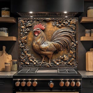 Protector contra salpicaduras de vidrio con diseño de gallo rústico para cocina, protector contra salpicaduras de vidrio templado, protector contra salpicaduras con aspecto de cobre, protector contra salpicaduras decorativo para cocina.