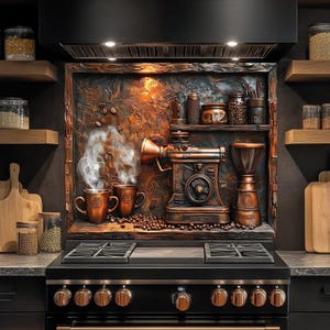 Tempered Glass Backsplash, Vintage Coffee Grinder Kitchen Backsplash Behind Stove, Copper Look Glass Backsplash for Kitchen, Splashback