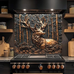 Tempered Glass Backsplash, Deer Copper Look Kitchen Backsplash Behind Stove, Glass Backsplash for Kitchen, Rustic Stove Backsplash