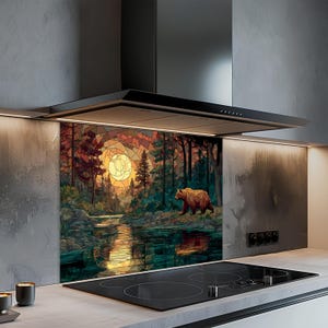 Protector contra salpicaduras de vidrio templado, diseño de oso al atardecer en el bosque detrás de la estufa, protector contra salpicaduras de vidrio para cocina, decoración rústica de vida silvestre para estufa