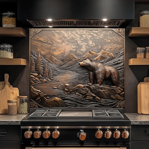 Bear Mountain Stream Tempered Glass Backsplash, Rustic Kitchen Backsplash Behind Stove, Copper Look Glass Backsplash, Stove Backsplash