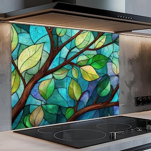 Protector antisalpicaduras de cocina de vidrio templado con diseño de hojas azules y verdes: estilo vidriera.