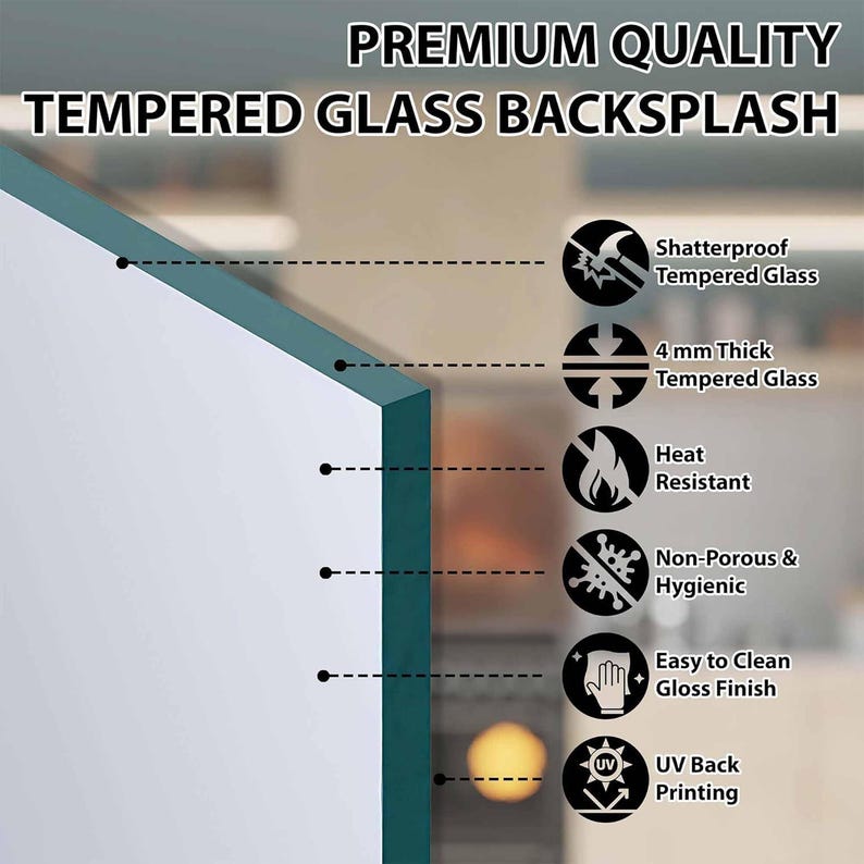 The image is a collage of various images depicting different features of a Tempered Glass Back splash. The images include icons representing the durability, thickness, heat resistance, non-porousness, hygiene, UV back printing, and ease of cleaning of the Tempered Glass Back splash. The image does not contain any text, and the descriptions provided are concise and avoid redundancy.