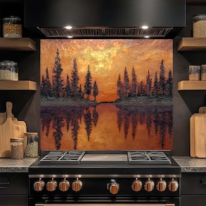 Tempered Glass Backsplash, Sunset Pines Glass Backsplash, Kitchen Glass Backsplash, Kitchen Backsplash Behind Stove, Glass Splashback