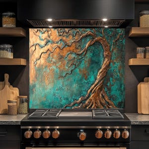 Tree of Life Tempered Glass Backsplash, Kitchen Backsplash Behind Stove, Copper Look Glass Backsplash, Stove Backsplash for Kitchen