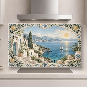 May include: A rectangular kitchen splashback panel featuring a Mediterranean coastal scene with white buildings, a blue sea, a sailboat, and a sun. The image is framed by a decorative border of green olive branches and yellow lemons on a white background.