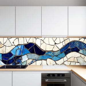 Backsplash keuken van gehard glas, backsplash met oceaangolfmozaïekglas, hittebestendige glazen backsplash achter fornuis, backsplash keuken