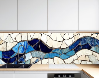 Backsplash keuken van gehard glas, backsplash met oceaangolfmozaïekglas, hittebestendige glazen backsplash achter fornuis, backsplash keuken